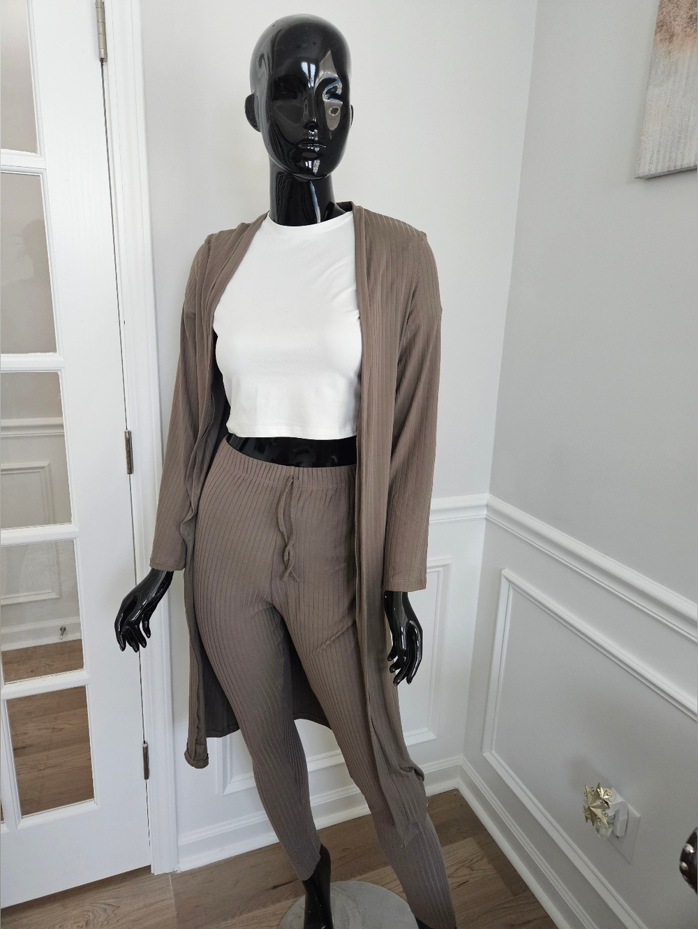 Women's Ribbed Lounge Pants & Duster Set - Taupe